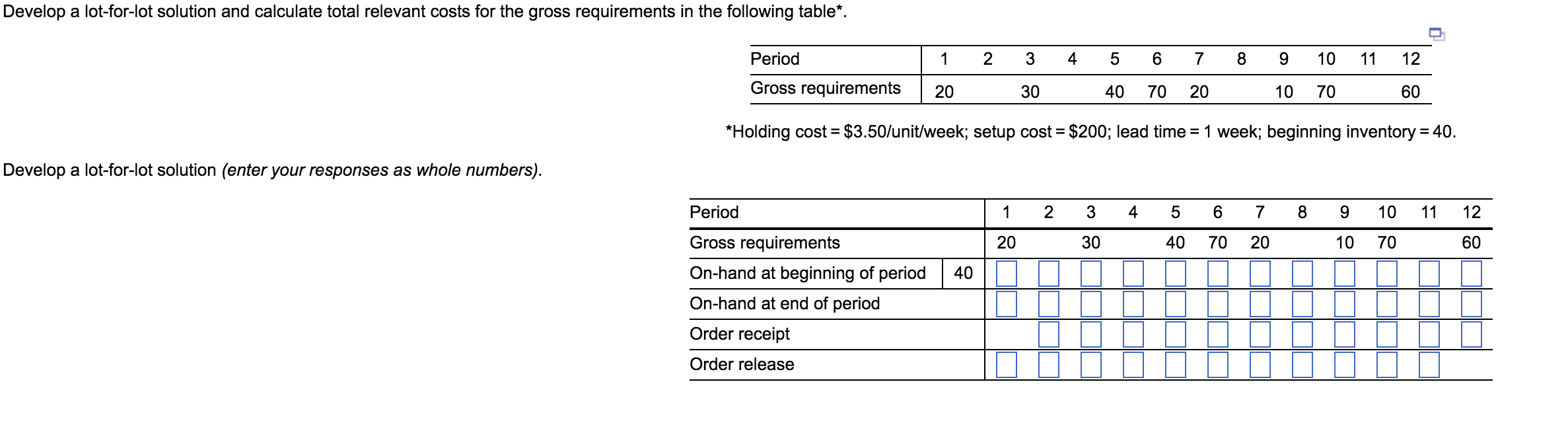 Develop a lot-for-lot solution and calculate