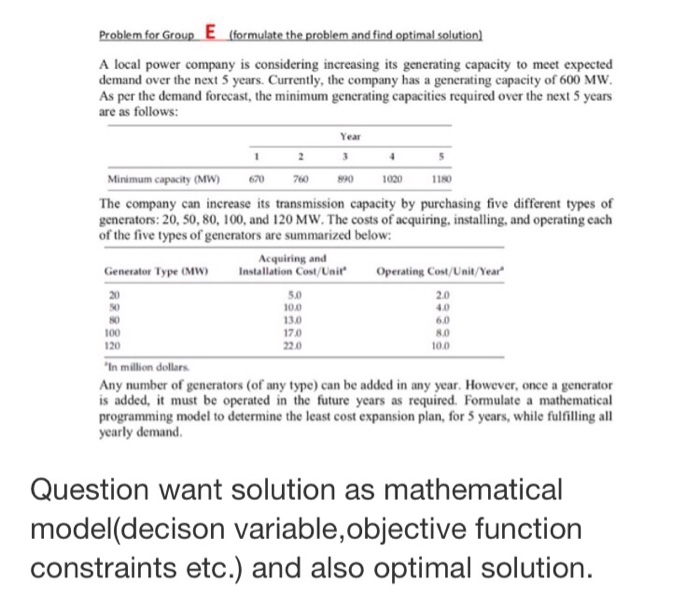 Problem for Group E (formulate the problem and
