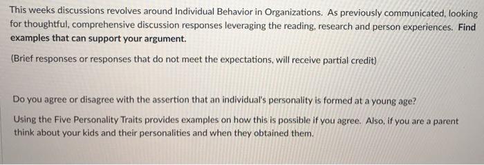 This weeks discussions revolves around Individual