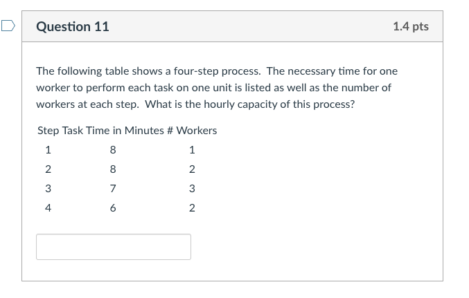 D Question 11 1.4 pts The following table shows a