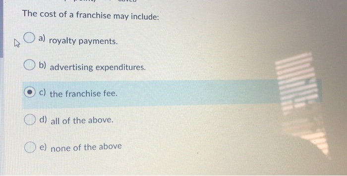 The cost of a franchise may include: a) royalty