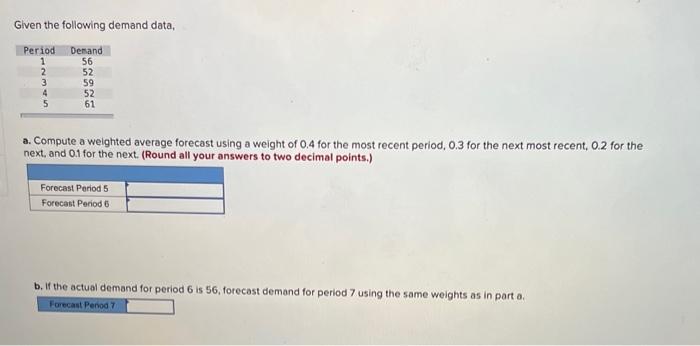 Given the following demand data, a. Compute a