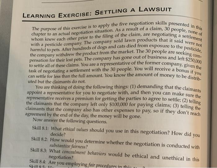 only skill 8.3 / LEARNING EXERCISE: SETTLING A