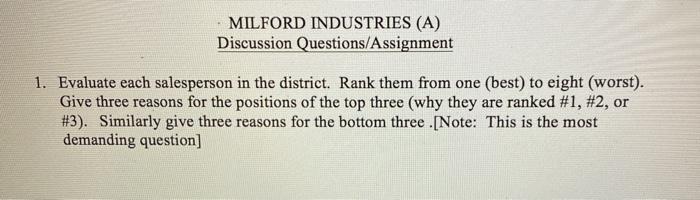 MILFORD INDUSTRIES (A) Discussion