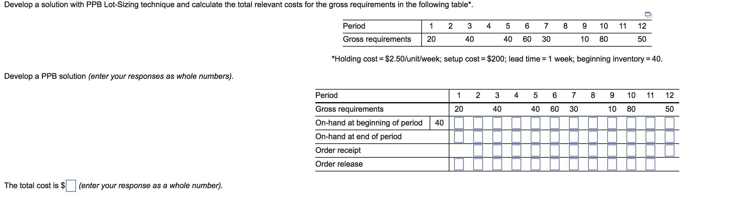 Develop a solution with PPB Lot-Sizing technique