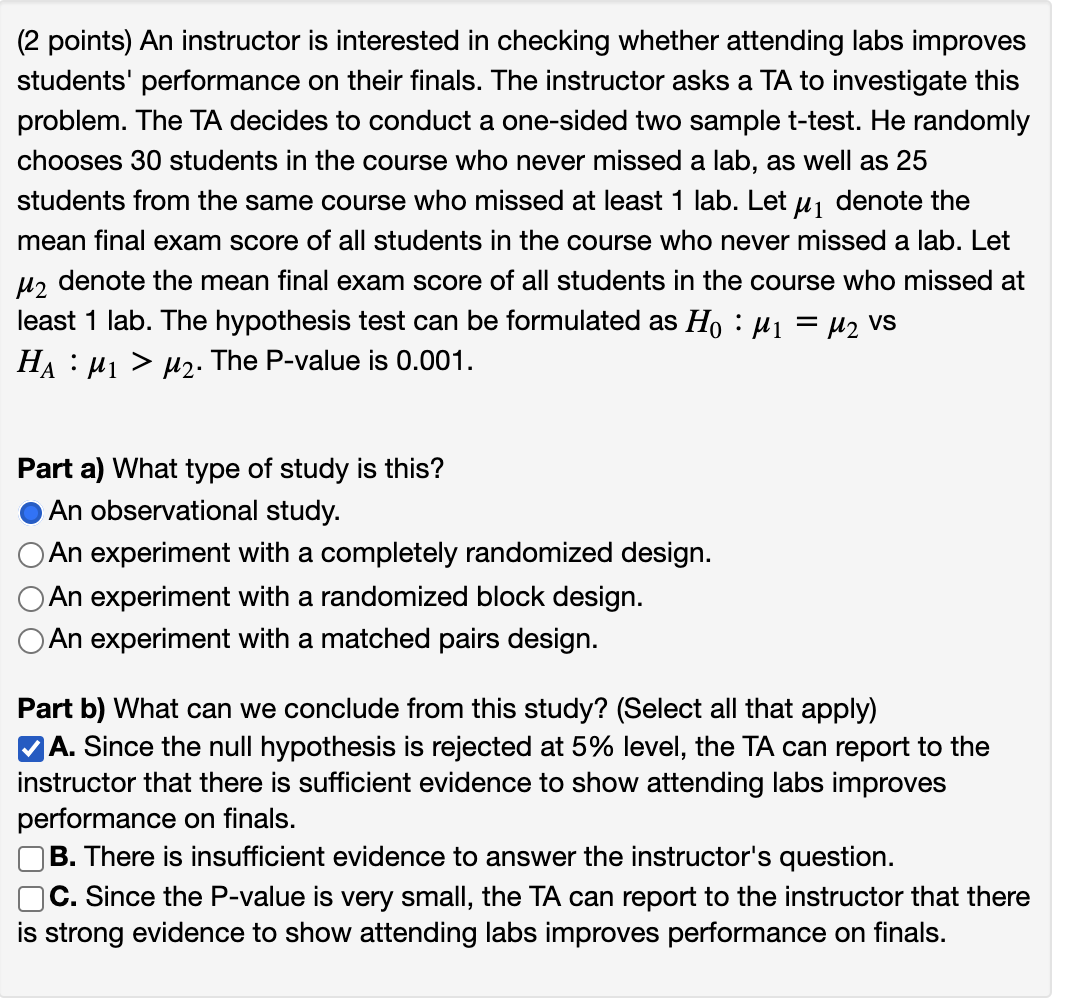 (2 points) An instructor is interested in