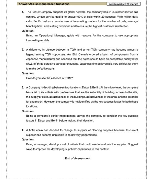 Answer ALL scenario based Questions (4 x 5 marks