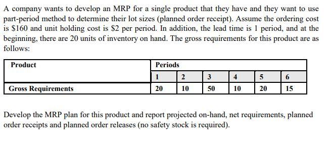 A company wants to develop an MRP for a single
