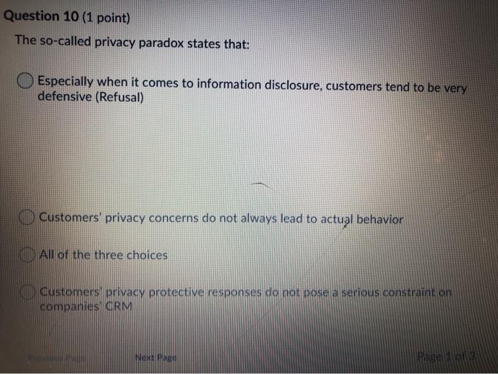 Question 10 (1 point) The so-called privacy