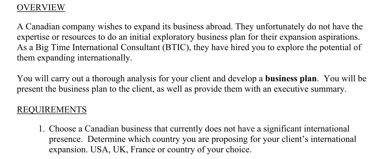 OVERVIEW A Canadian company wishes to expand its