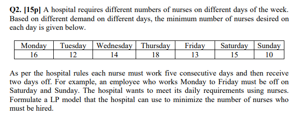 Q2. [15p] A hospital requires different numbers