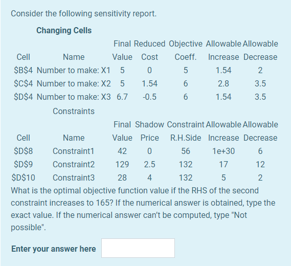 Consider the following sensitivity report.