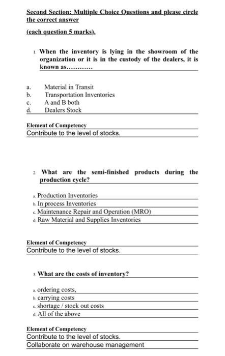 Second Section: Multiple Choice Questions and