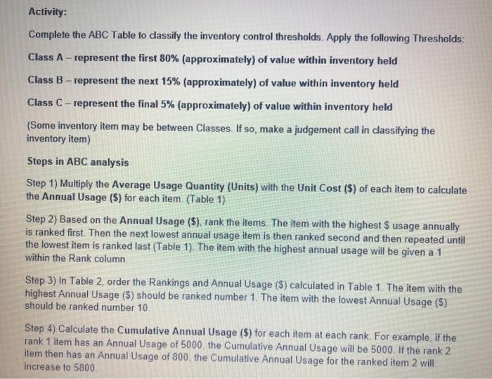 Activity: Complete the ABC Table to classify the