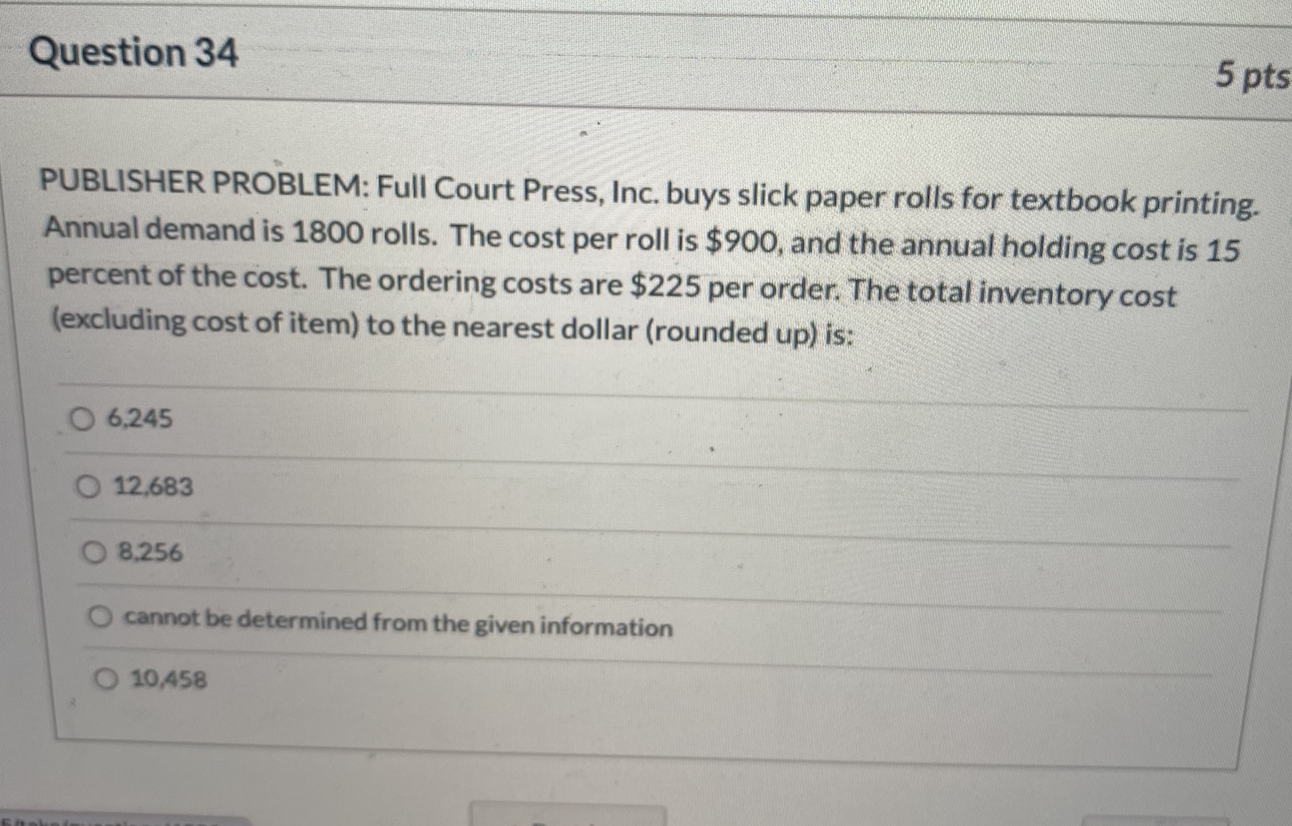 Question 34 5 pts PUBLISHER PROBLEM: Full Court