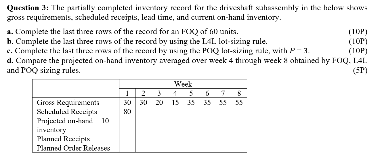 Lead Time: 3 Week Can u Help me Question 3: The