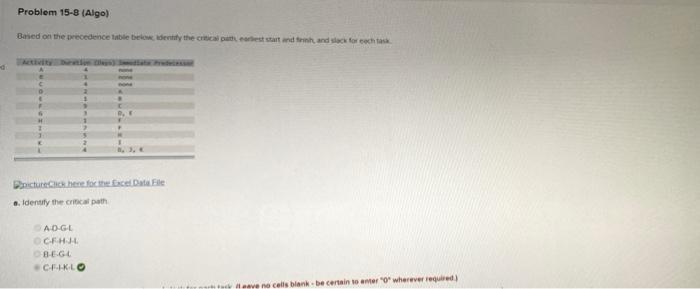 Problem 15-8 (Algo) Based on the precedence table
