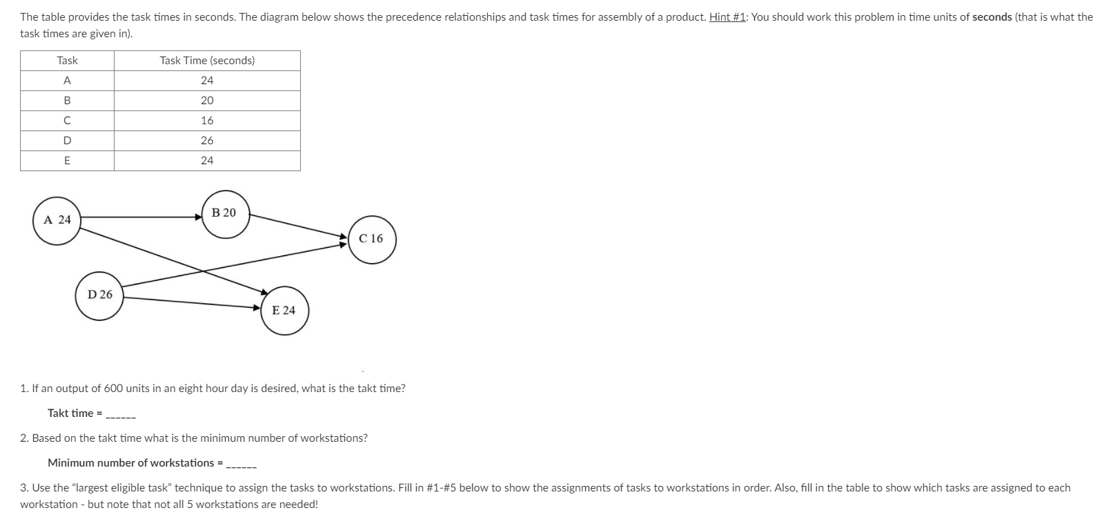 The table provides the task times in seconds. The