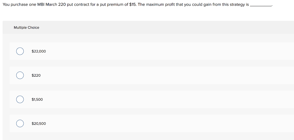 You purchase one MBI March 220 put contract for a