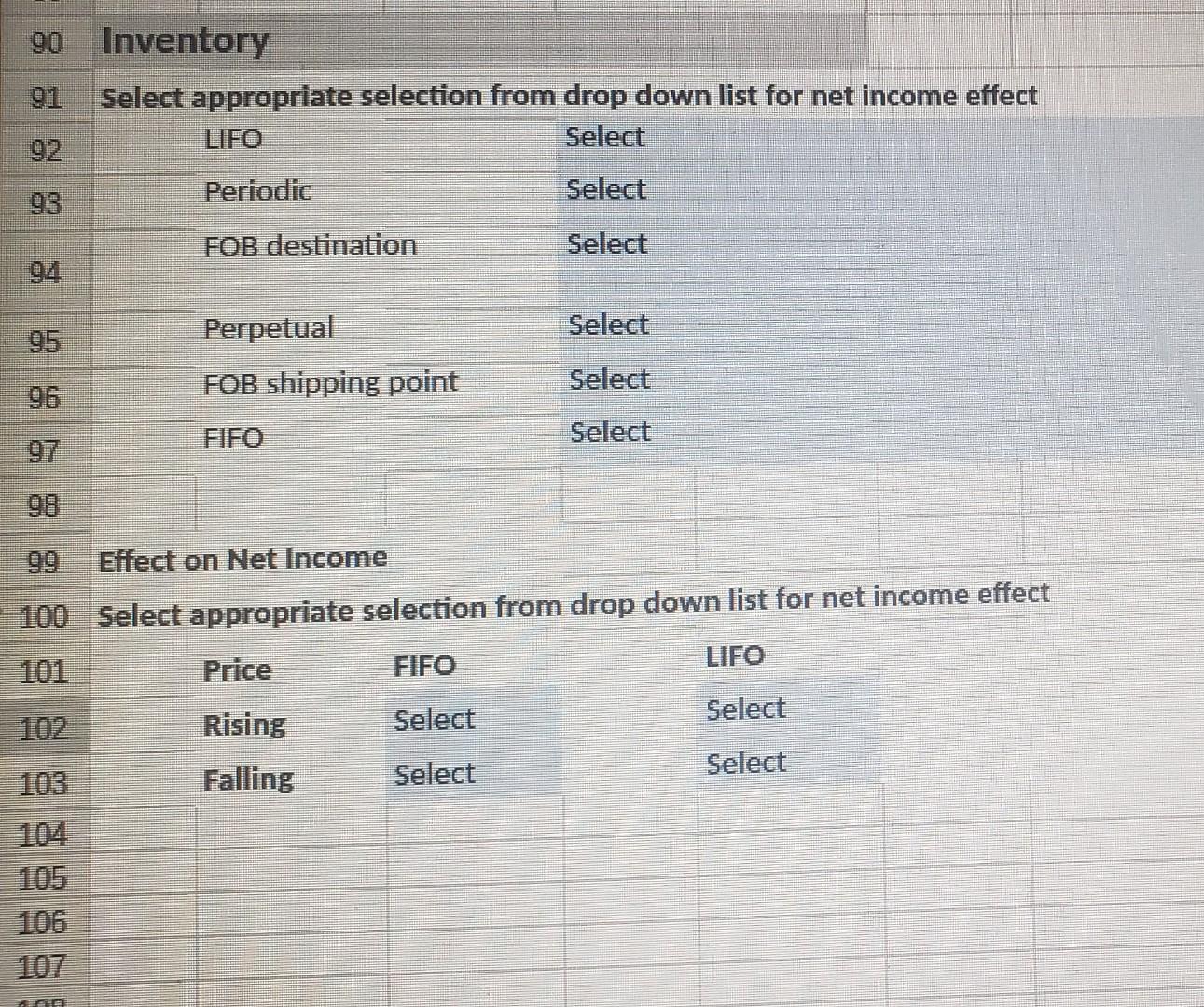 90 Inventory Select appropriate selection from
