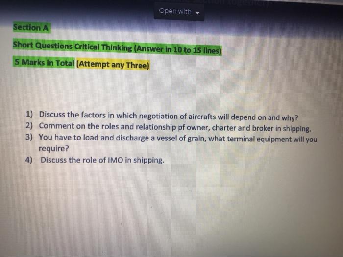 Open with Section A Short Questions Critical