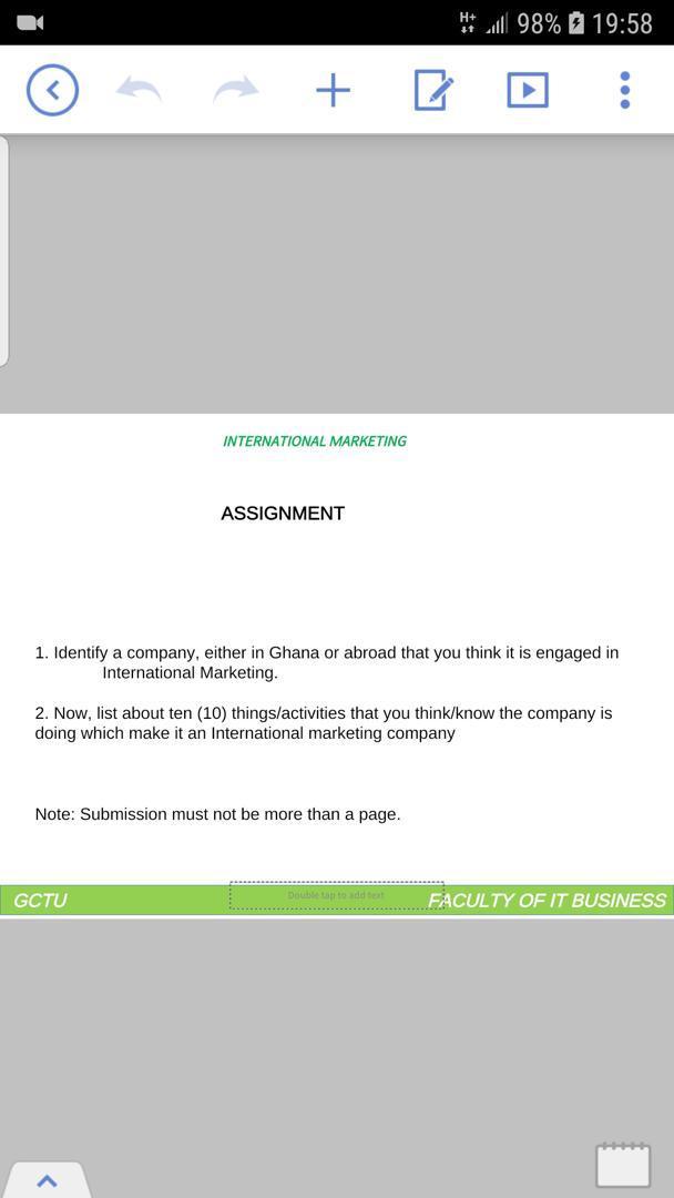 Hall 98% % 19:58 % + : INTERNATIONAL MARKETING