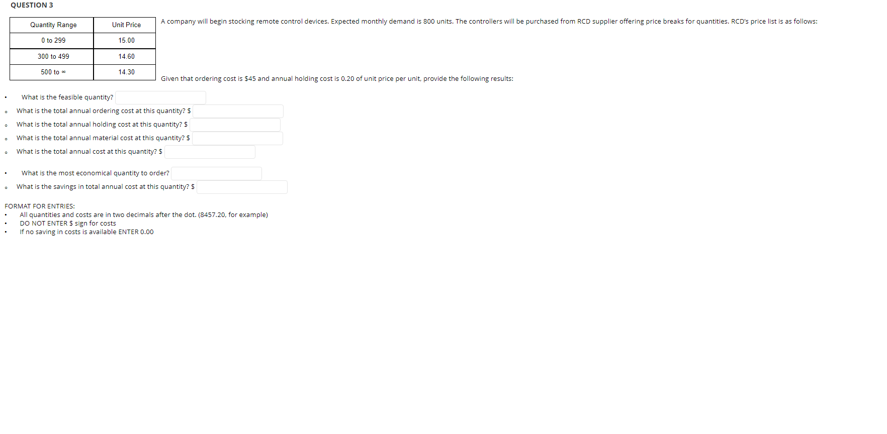 help please! QUESTION 3 Quantity Range Unit Price
