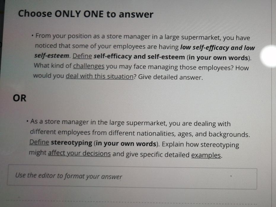 Choose ONLY ONE to answer From your position as a