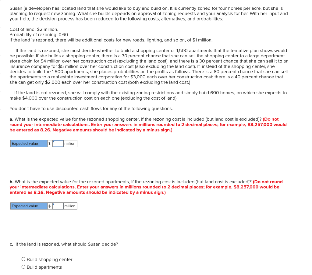 Susan (a developer) has located land that she