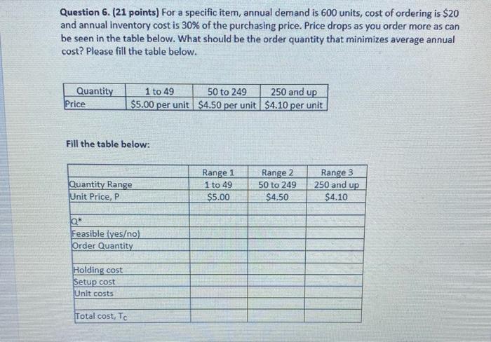 Question 6. (21 points) For a specific item,