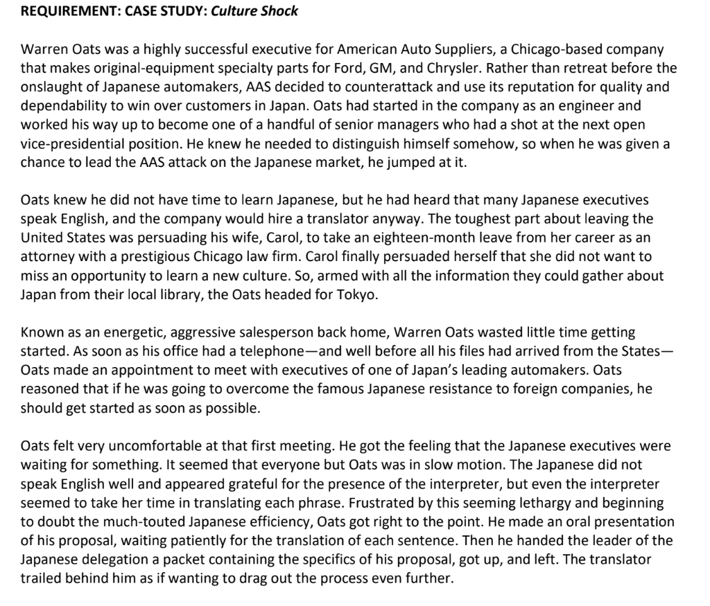 REQUIREMENT: CASE STUDY: Culture Shock Warren