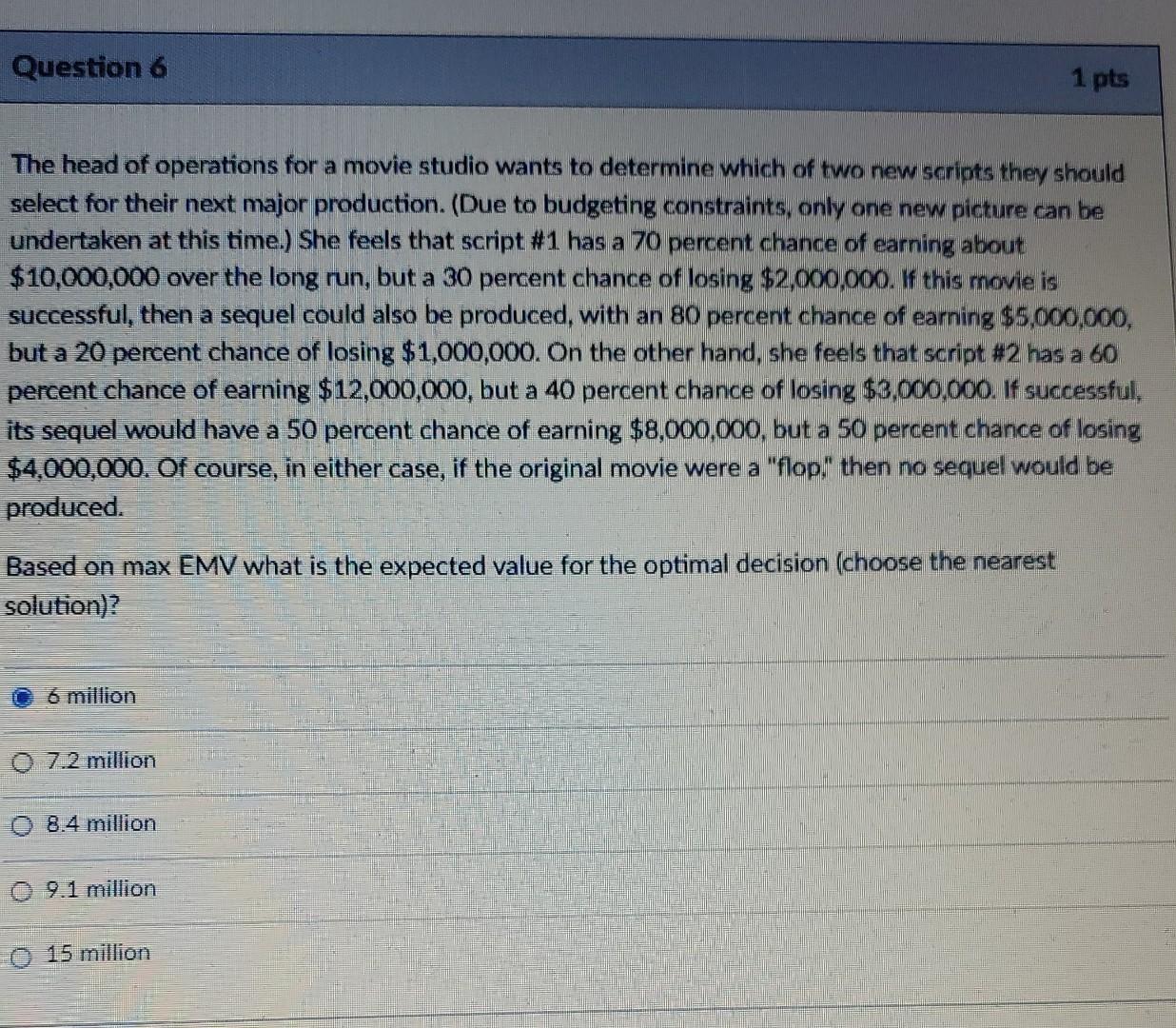 Question 6 1 pts The head of operations for a