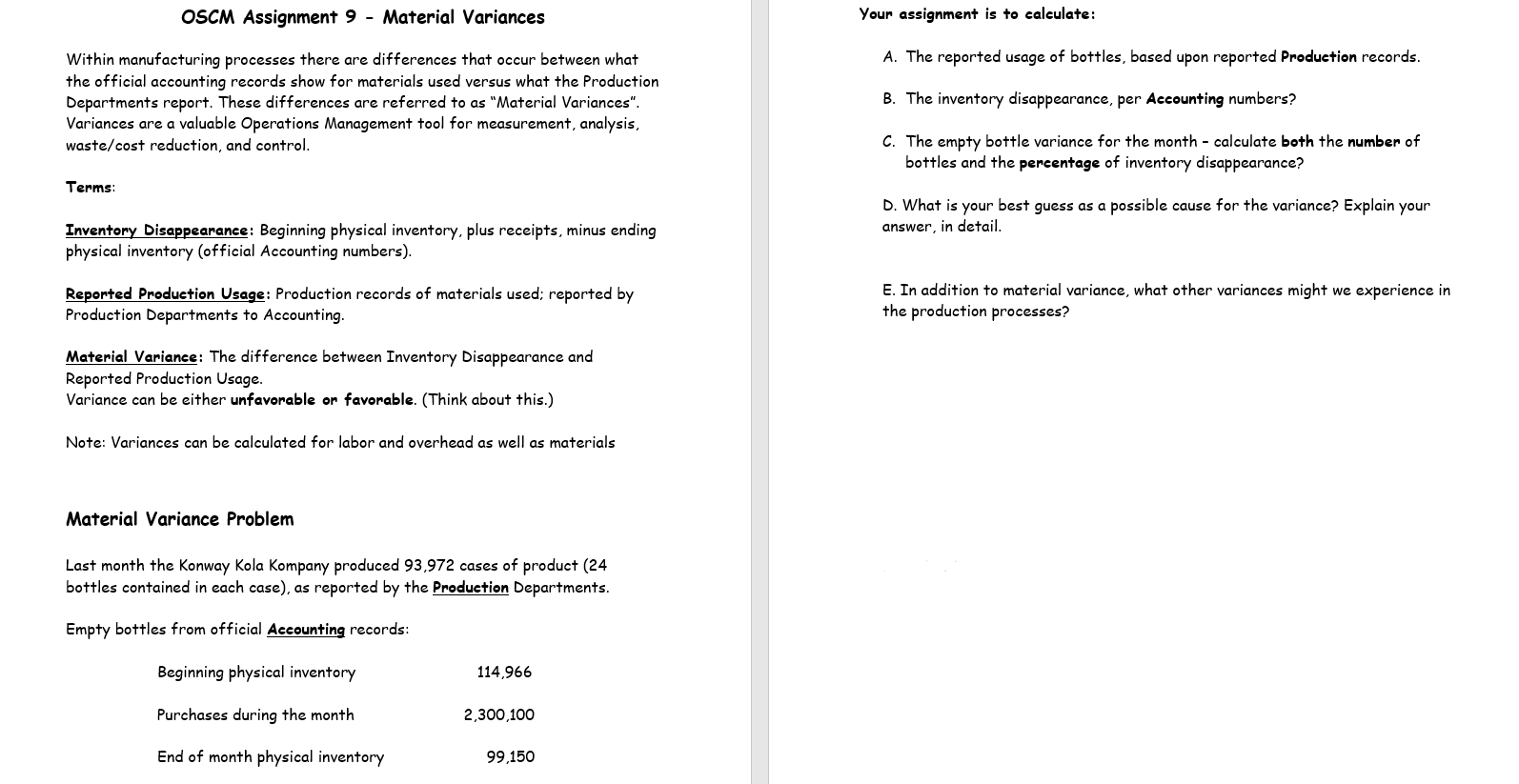 OSCM Assignment 9 - Material Variances Your