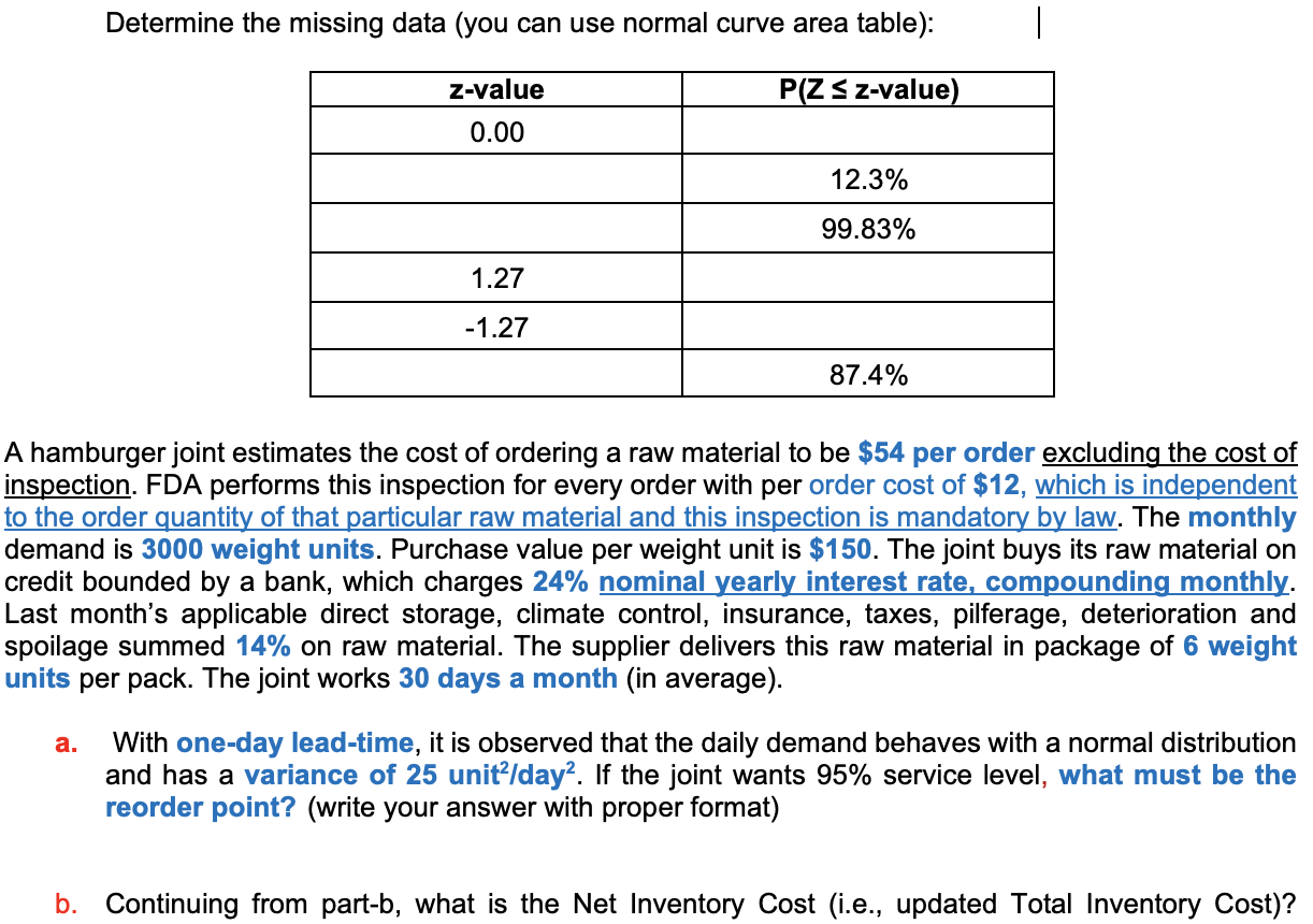 Determine the missing data (you can use normal
