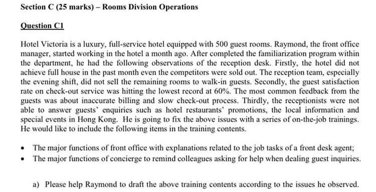 Section C (25 marks) - Rooms Division Operations