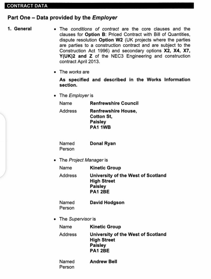 CONTRACT DATA Part One - Data provided by the