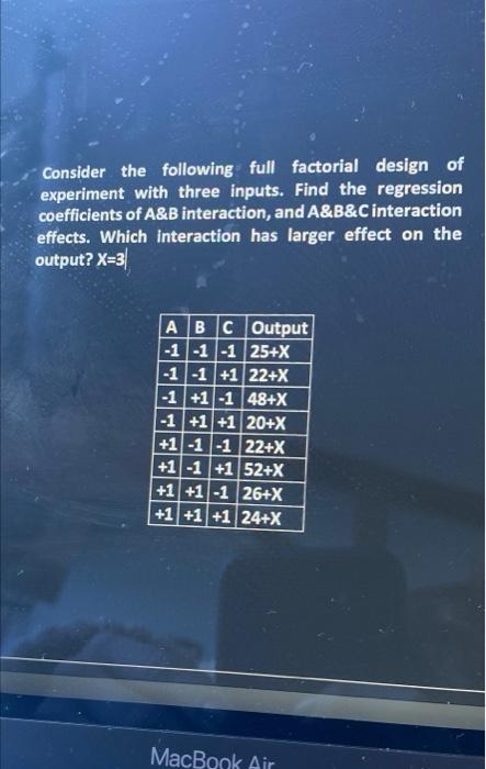 Consider the following full factorial design of
