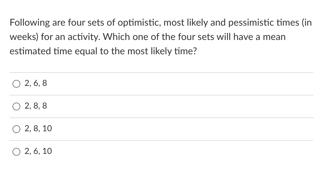 Following are four sets of optimistic, most