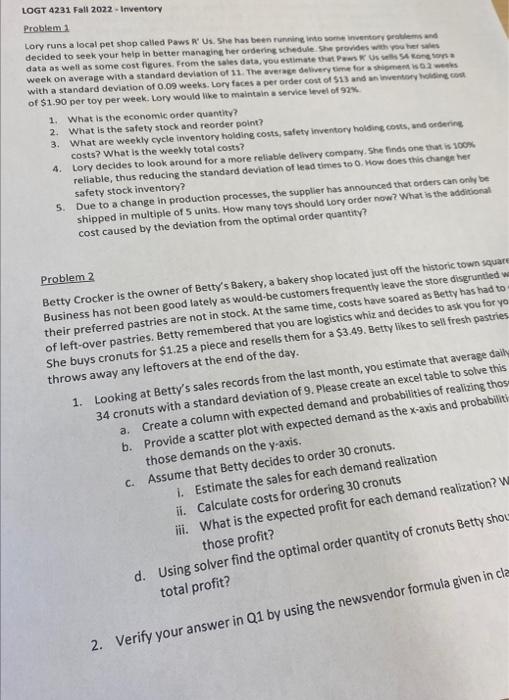 LOGT 4231 Fall 2022 - Inventory Problem1 Lory
