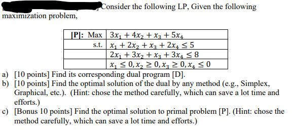 Consider the following LP, Given the following