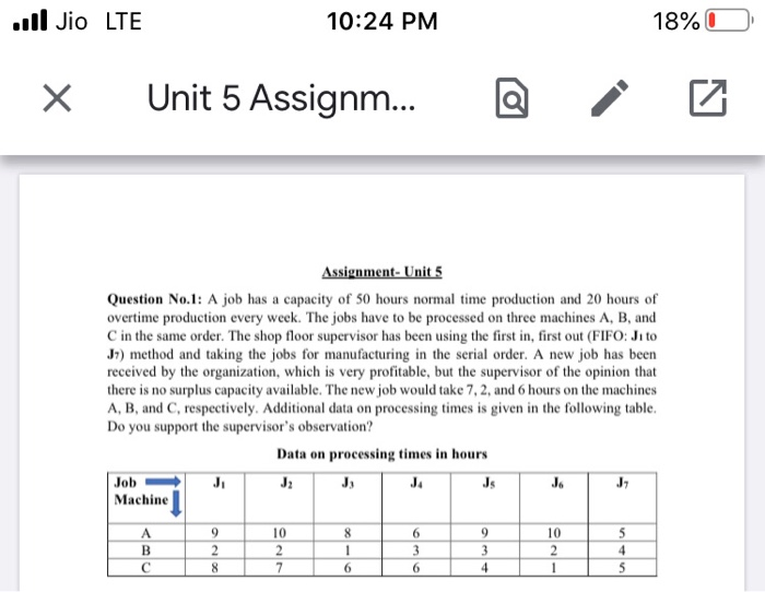 ull Jio LTE 10:24 PM 18%0 x Unit 5 Assignm... Q i