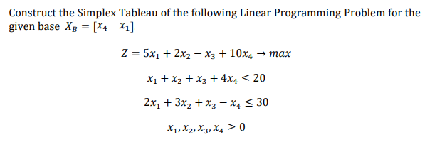 Construct the Simplex Tableau of the following