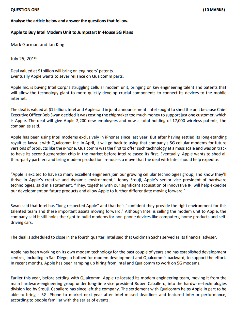 QUESTION ONE (10 MARKS) Analyse the article below