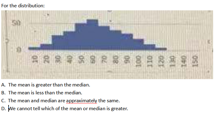 For the distribution: 150 150 A. The mean is