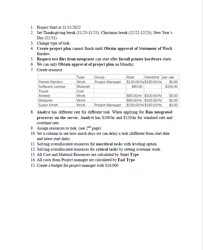 Rate Cost 1. Project Start at 11/15/2022 2. Set