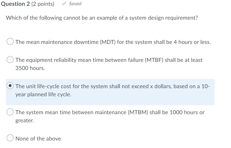 Question 2 (2 points) Saved Which of the