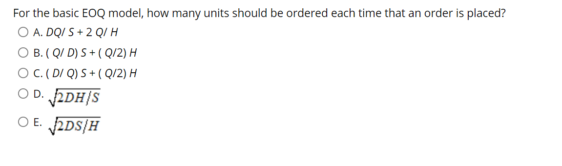 For the basic EOQ model, what is the formula for