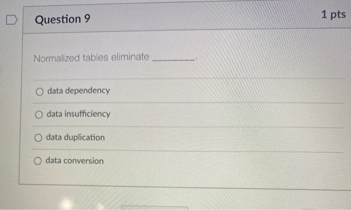1 pts Question 9 Normalized tables eliminate O