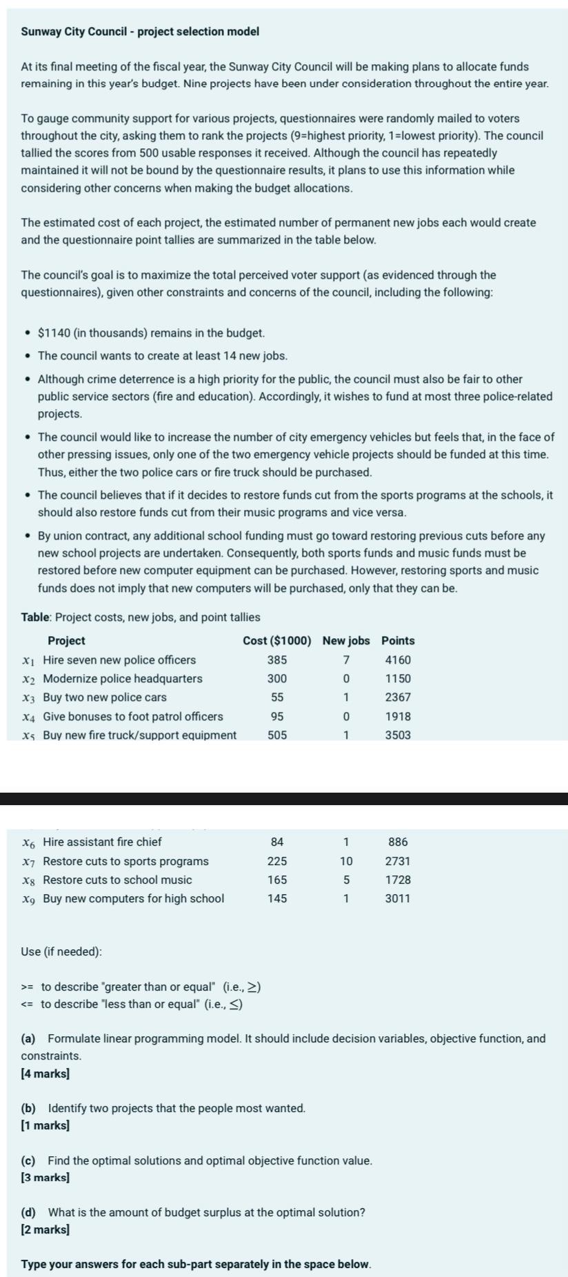 Sunway City Council - project selection model At