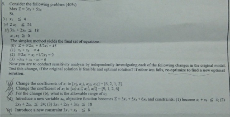 5. Consider the following problem (40%) Max Z =
